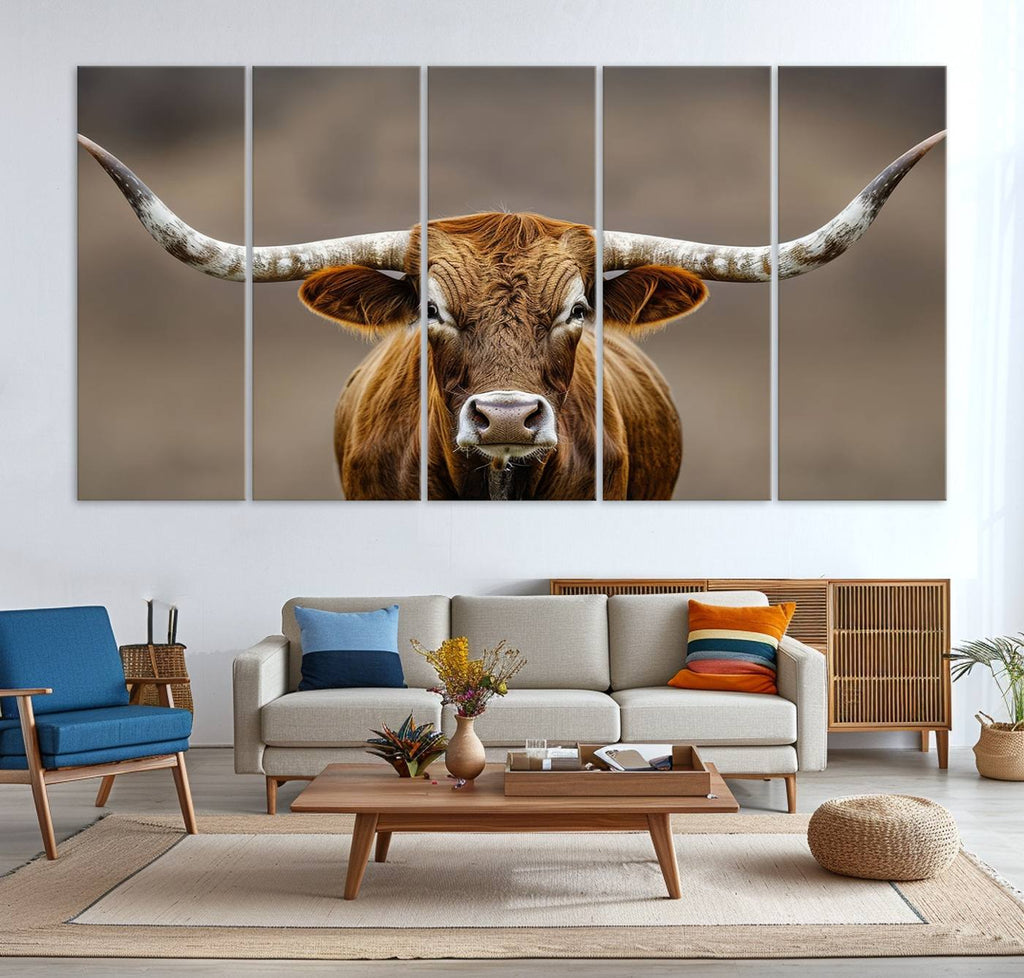 Texas Longhorn Wall Art Canvas Print | Rustic Brown Bull Western Decor