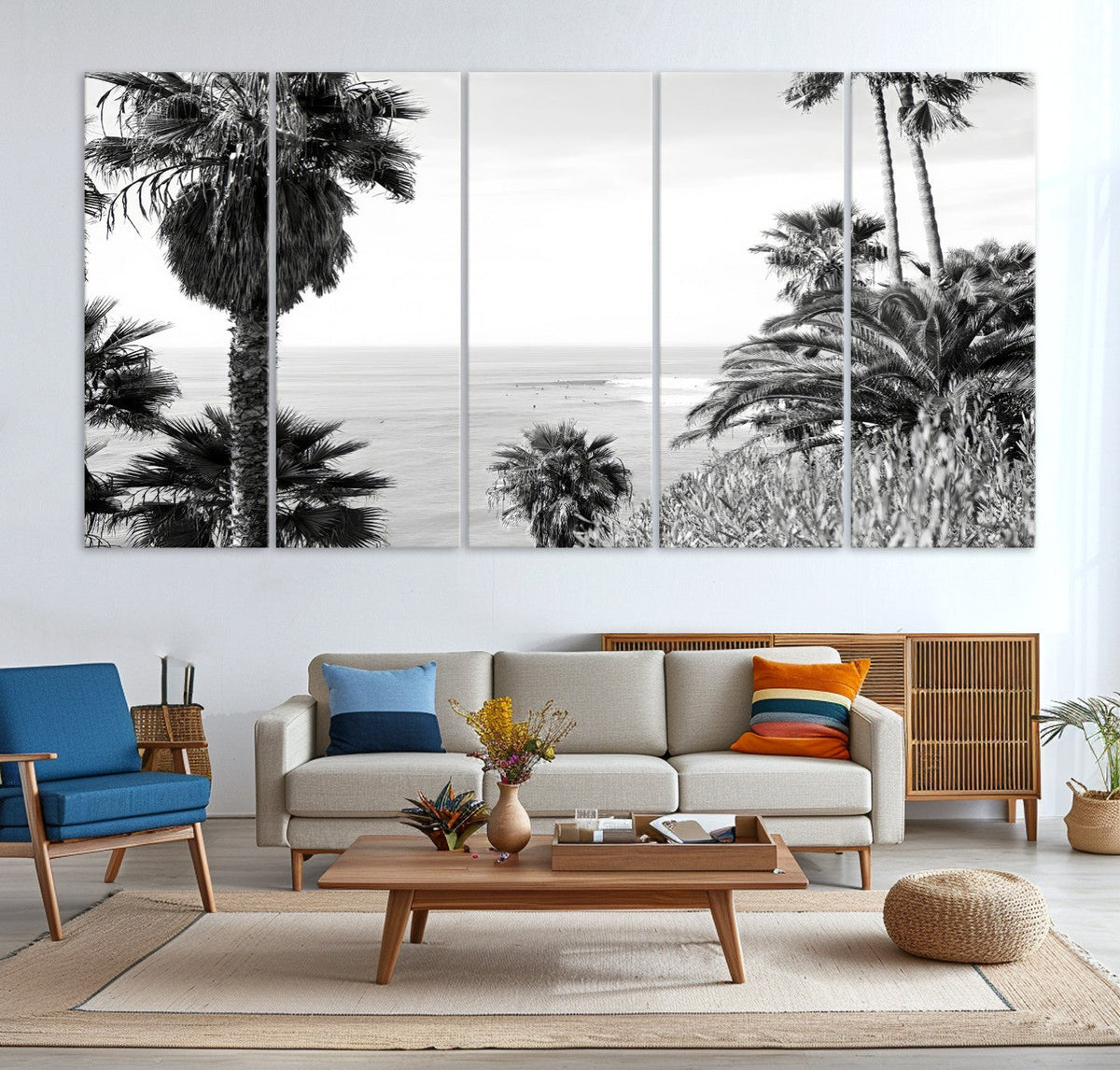 Palm Trees Wall Art Canvas Print, Framed Coastal Ocean Horizon Monochrome Art