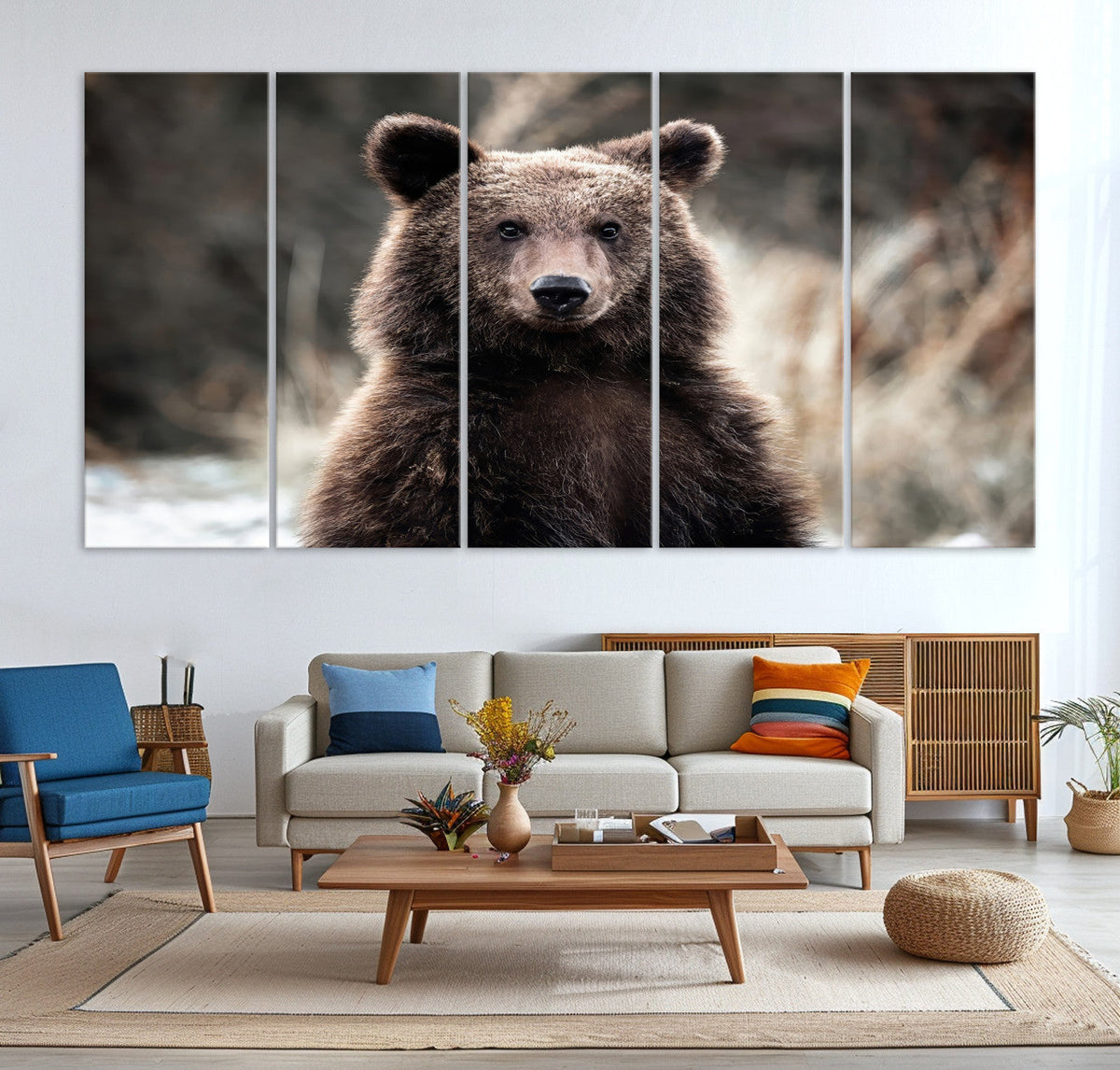 Brown Bear Wall Art Canvas Print, Framed Majestic Woodland Wildlife Cabin Art