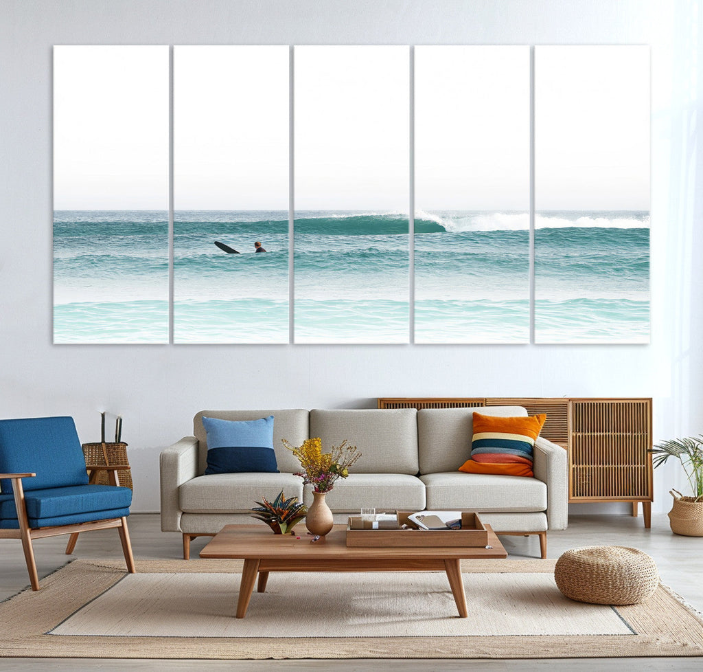 Surfing Wall Art Canvas Print, Framed Minimalist Ocean Waves Beach Art