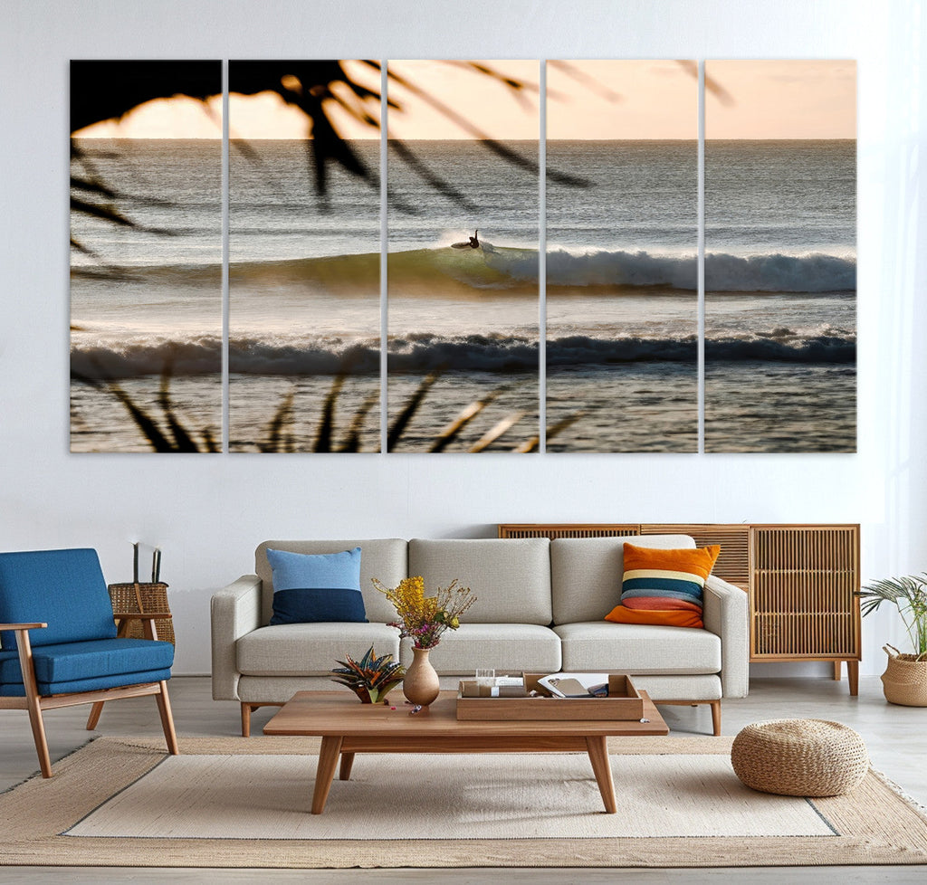 Sunset Surf Wall Art Canvas Print, Framed Golden Hour Waves Boho Beach Art