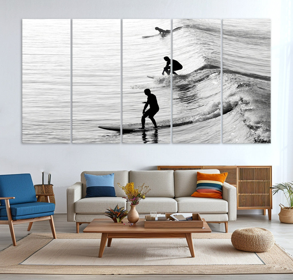 Surfers on Waves Wall Art Canvas Print | Framed Black and White Surf