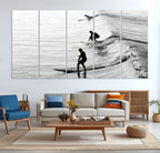 Surfers on Waves Wall Art Canvas Print | Framed Black and White Surf