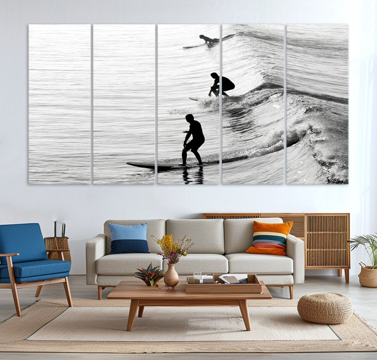 Surfers on Waves Wall Art Canvas Print | Framed Black and White Surf