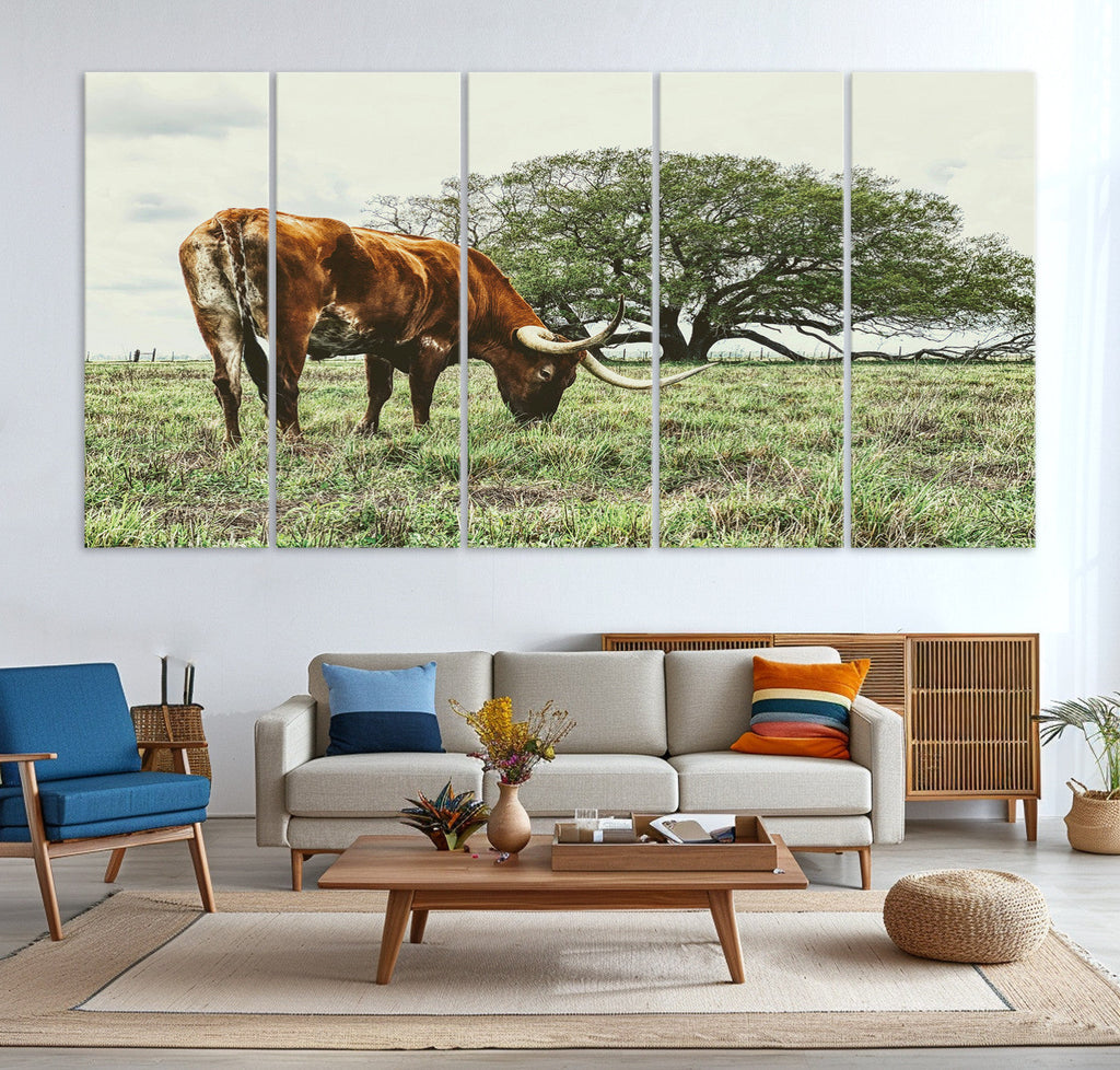 Texas Longhorn Wall Art Canvas Print, Rustic Western Ranch