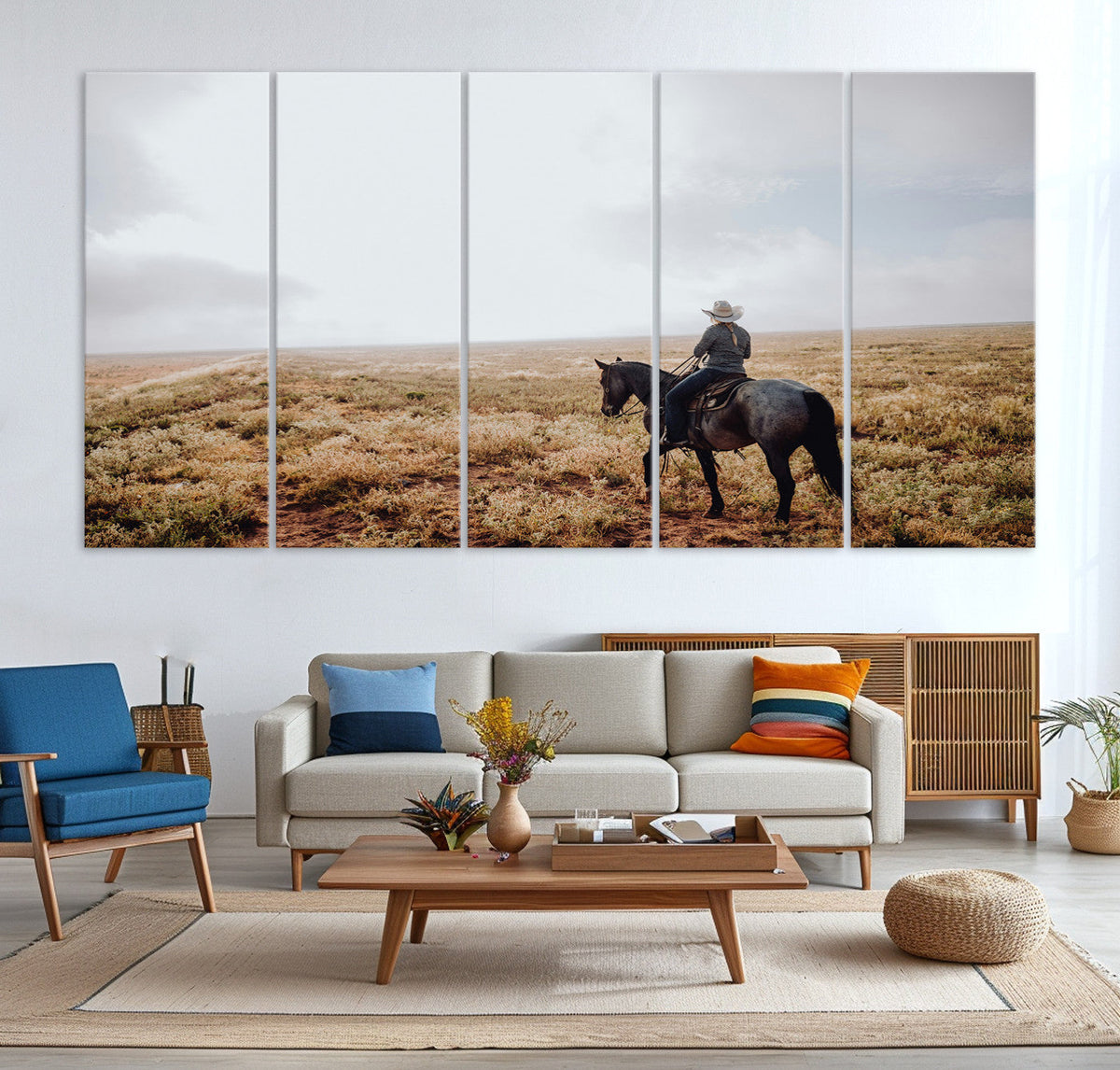 Cowboy Wall Art Canvas Print, Framed Western Rustic Ranch Scene