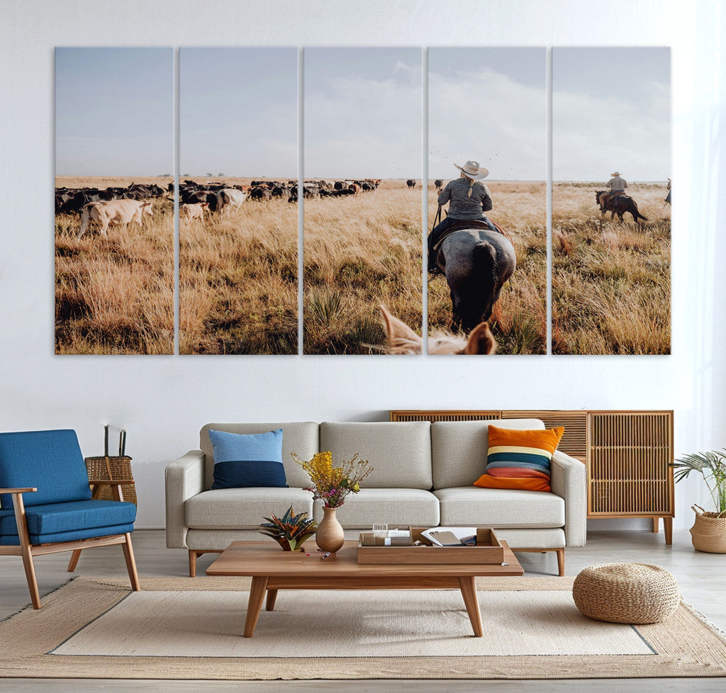 Western Wall Art Canvas Print, Framed Cowboy Cattle Drive Scene