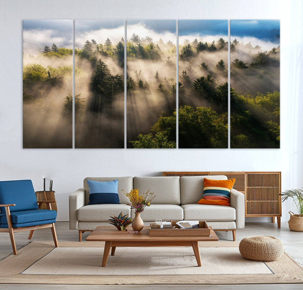 Tranquil Forest Scene Wall Art Canvas Print, Framed Moody Sunbeam Through Trees