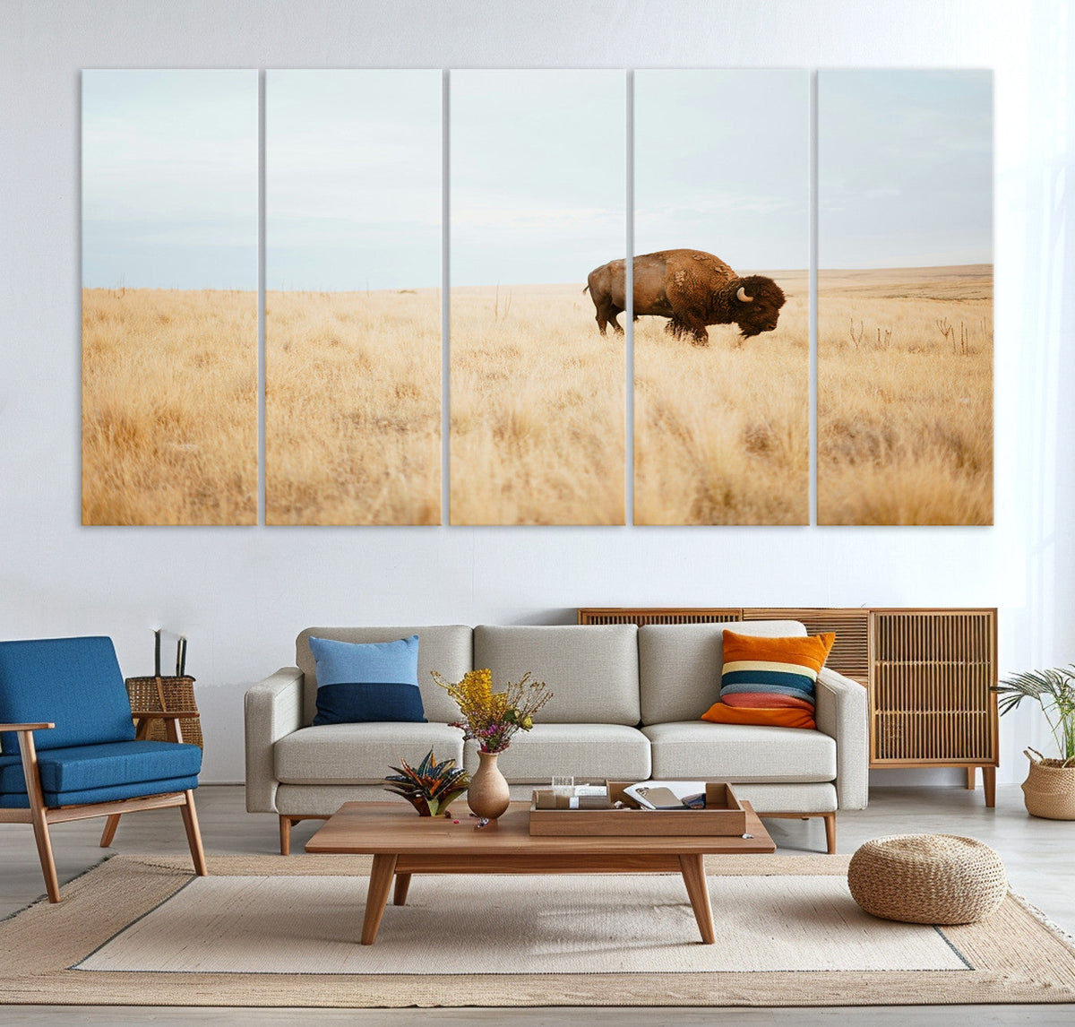 Buffalo Wall Art Canvas Print, Framed Western Wildlife Rustic Prairie Scene