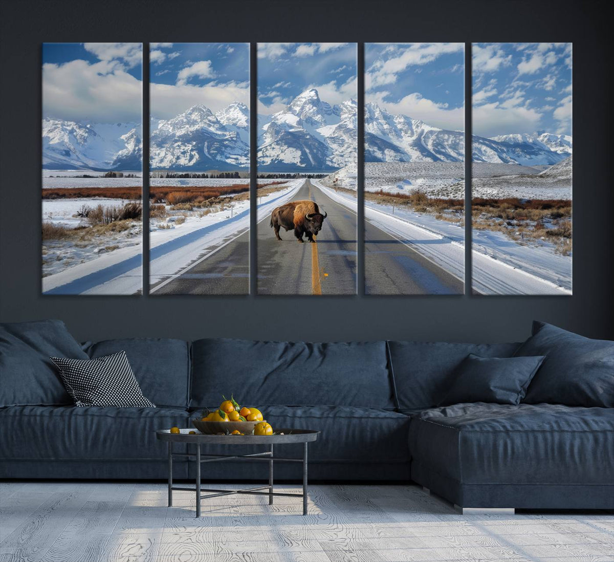 Bison Wall Art | Snowy Road Wall Art | Framed Mountain Landscape Canvas