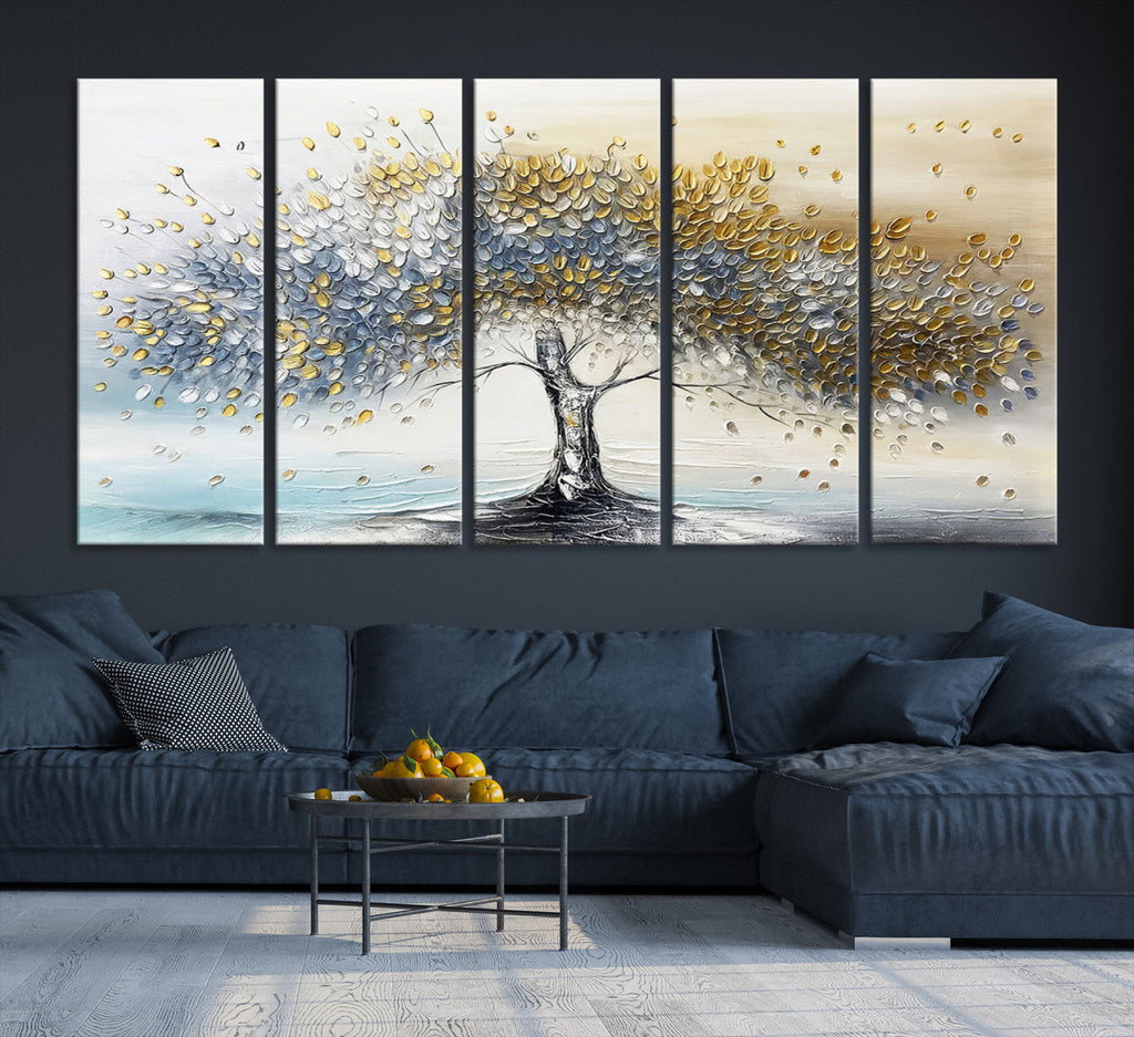 Silver Tree Wall Art | Framed Golden Leaves Canvas Artwork