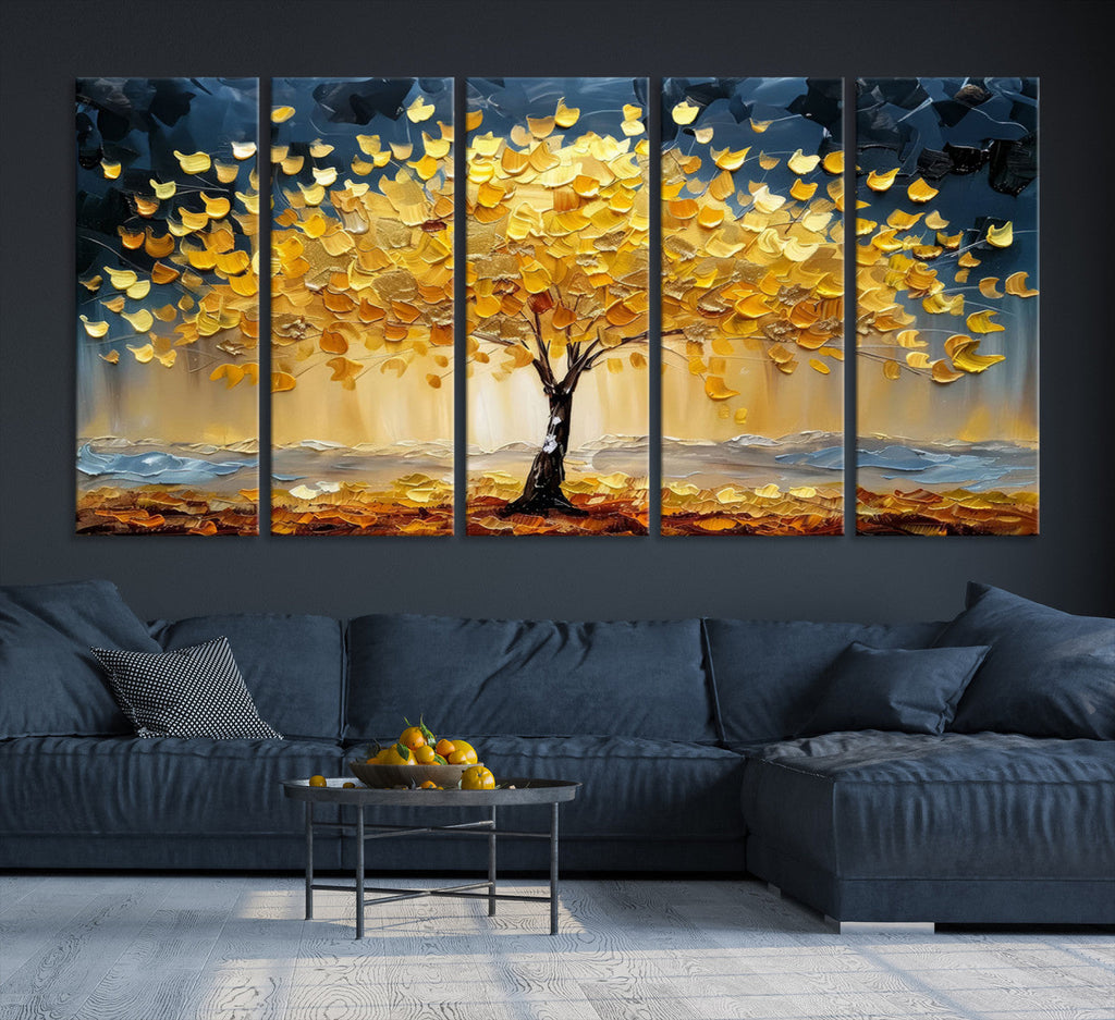 Golden Tree Wall Art | Framed Autumn Leaves Canvas Artwork