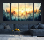 Sunrise Forest Wall Art | Framed Misty Pines Canvas Artwork