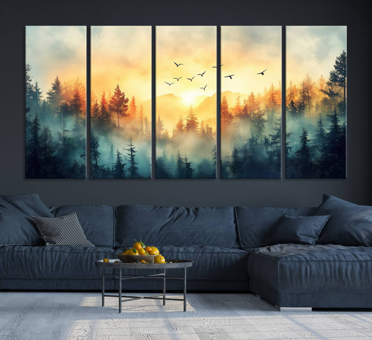 Sunrise Forest Wall Art | Framed Misty Pines Canvas Artwork