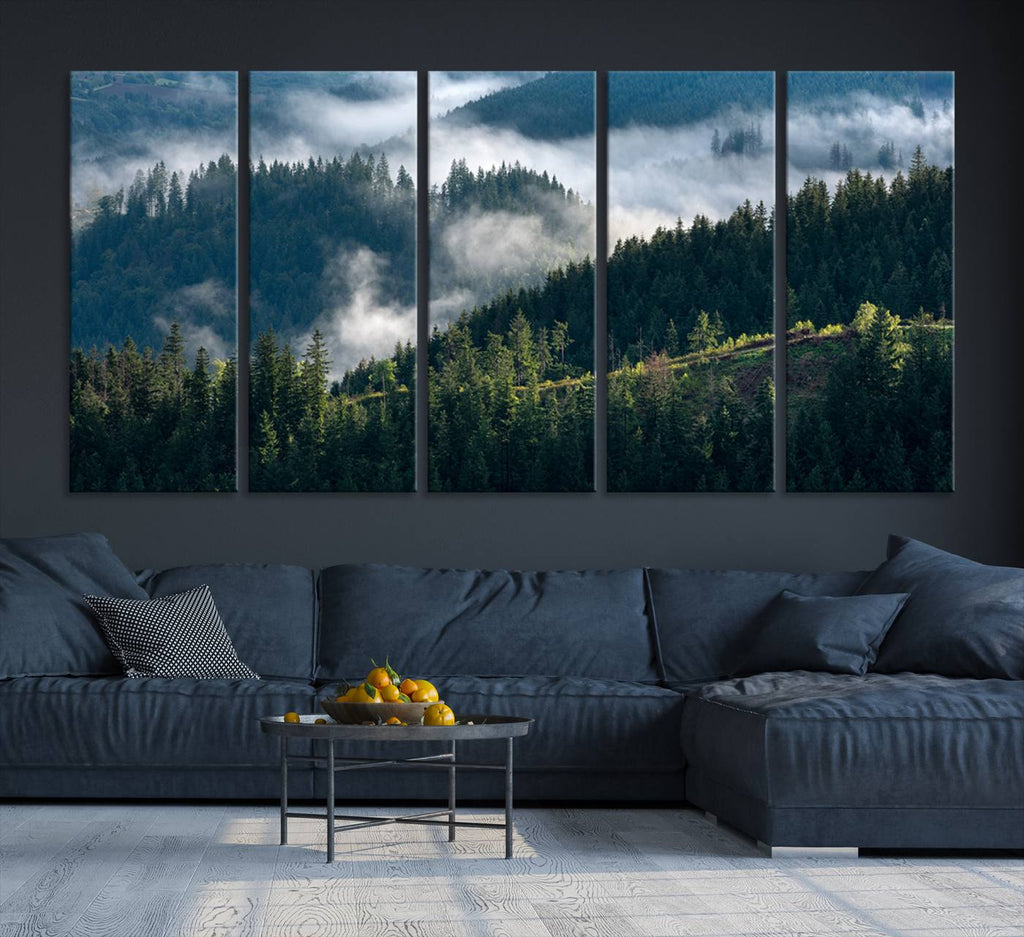 Misty Forest Wall Art Canvas Print | Pine Hills with Foggy Trees