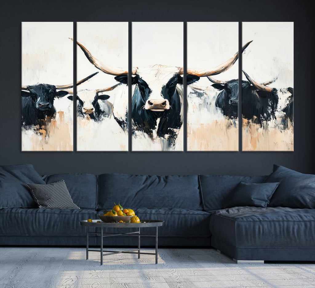 Texas Longhorn Wall Art Canvas Print | Majestic Horned Bull in Black and White