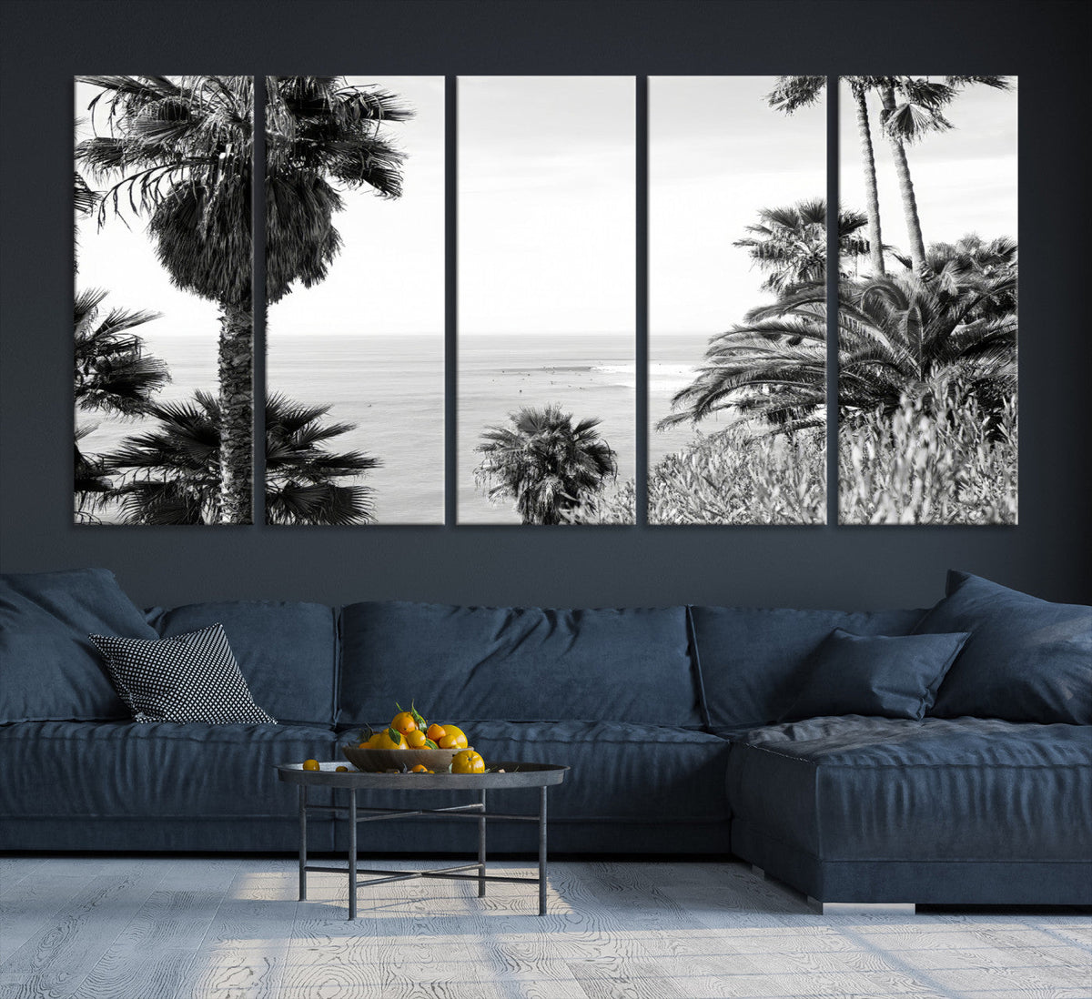 Palm Trees Wall Art Canvas Print, Framed Coastal Ocean Horizon Monochrome Art