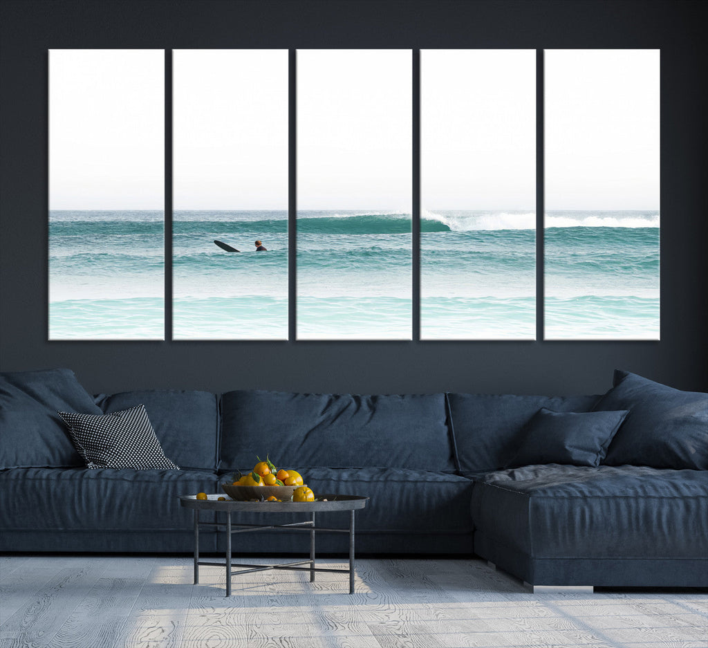Surfing Wall Art Canvas Print, Framed Minimalist Ocean Waves Beach Art