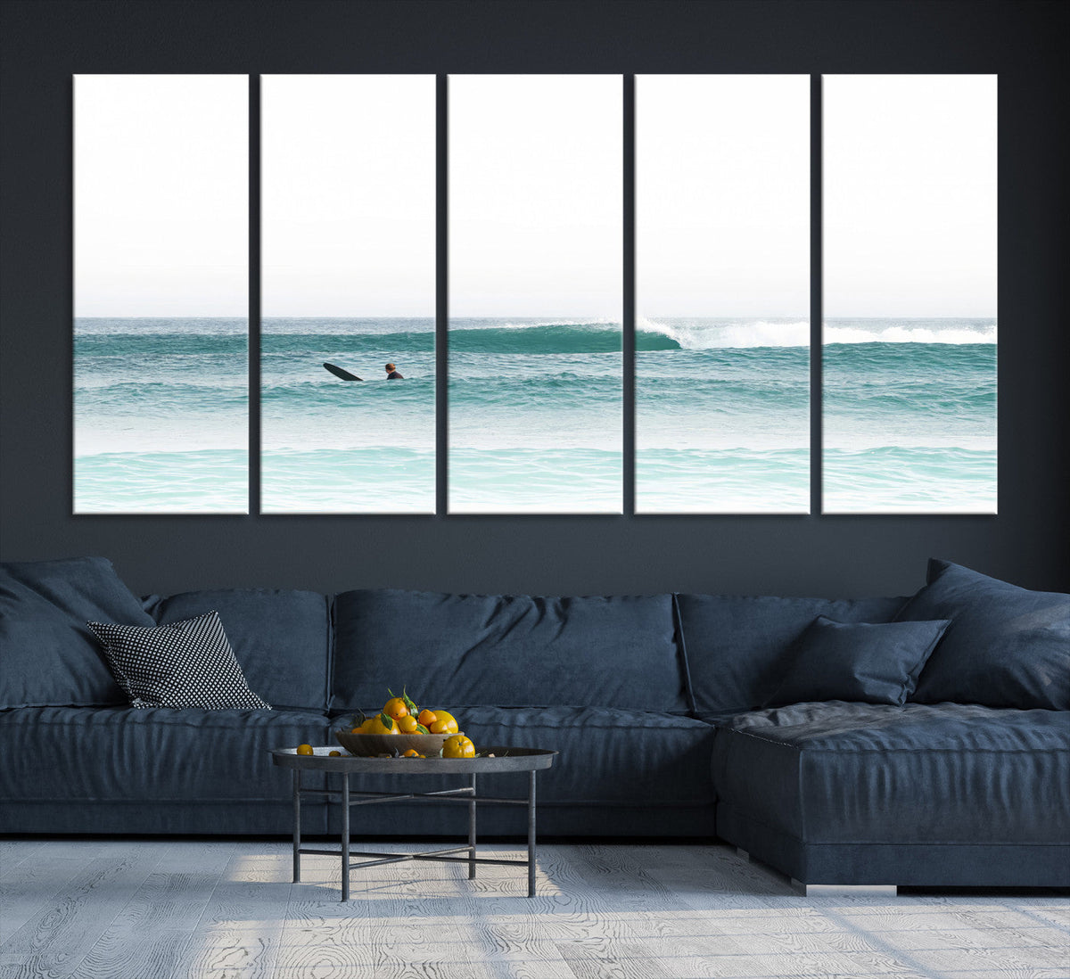 Surfing Wall Art Canvas Print, Framed Minimalist Ocean Waves Beach Art
