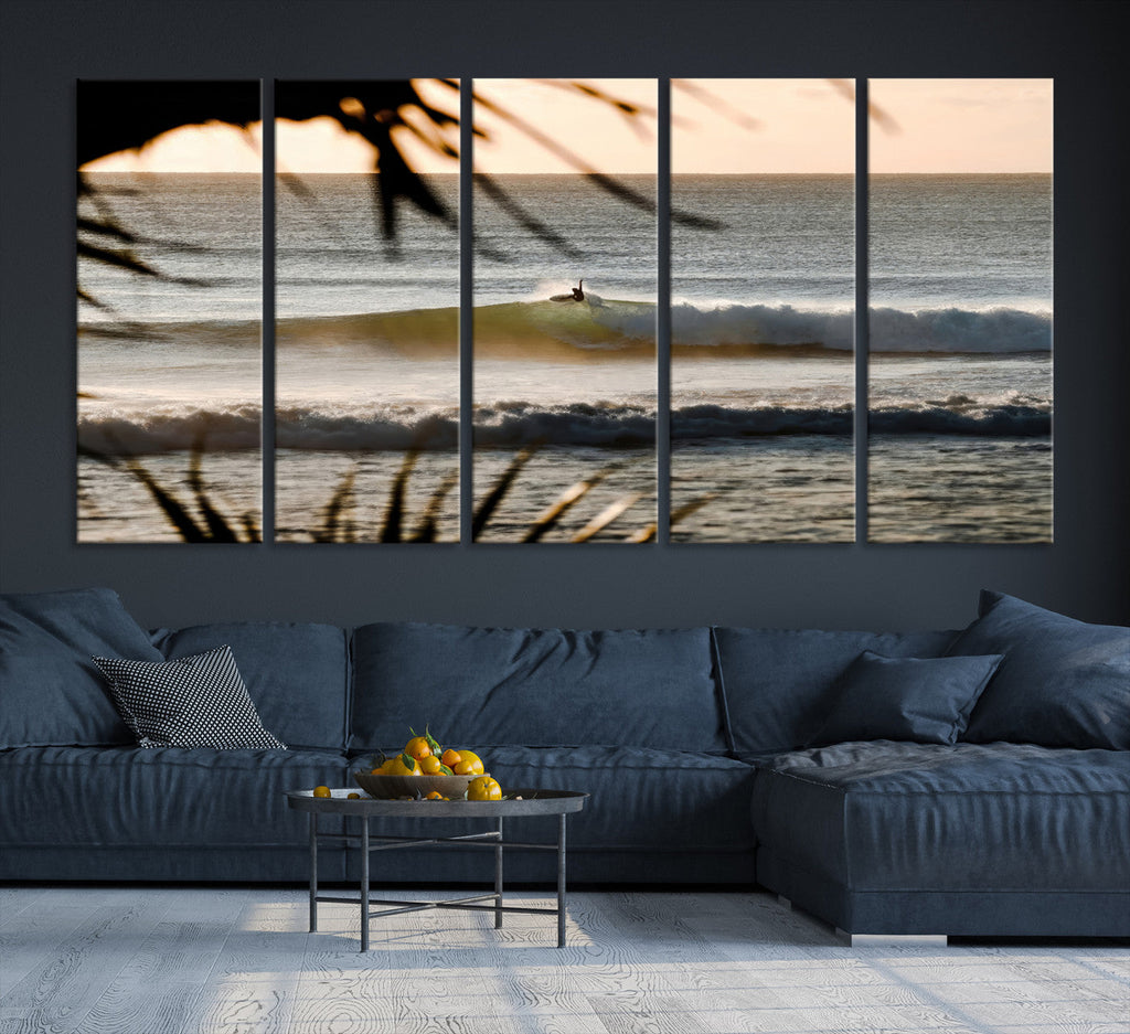 Sunset Surf Wall Art Canvas Print, Framed Golden Hour Waves Boho Beach Art