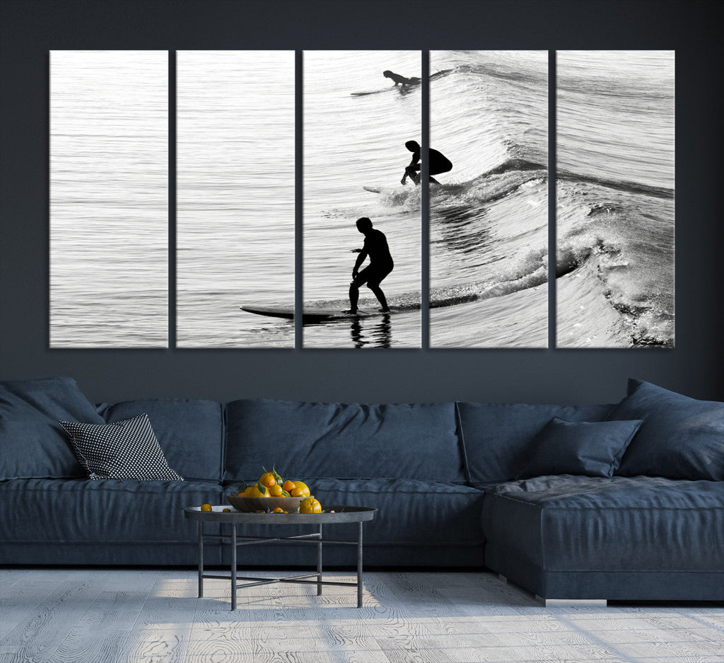 Surfers on Waves Wall Art Canvas Print | Framed Black and White Surf