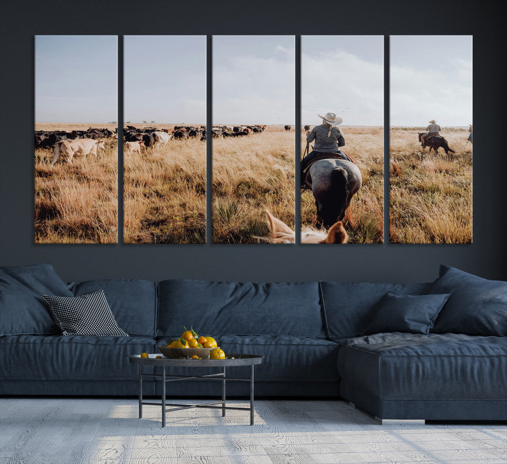 Western Wall Art Canvas Print, Framed Cowboy Cattle Drive Scene