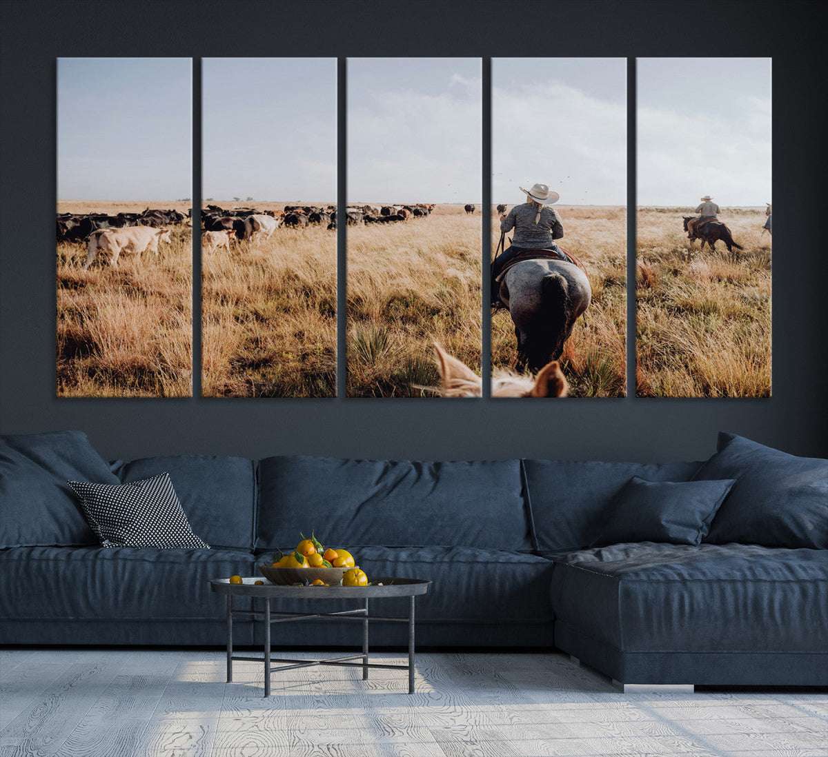 Western Wall Art Canvas Print, Framed Cowboy Cattle Drive Scene
