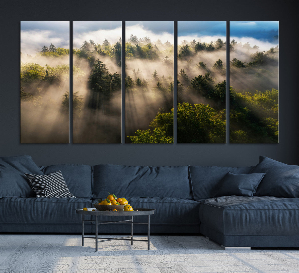 Tranquil Forest Scene Wall Art Canvas Print, Framed Moody Sunbeam Through Trees