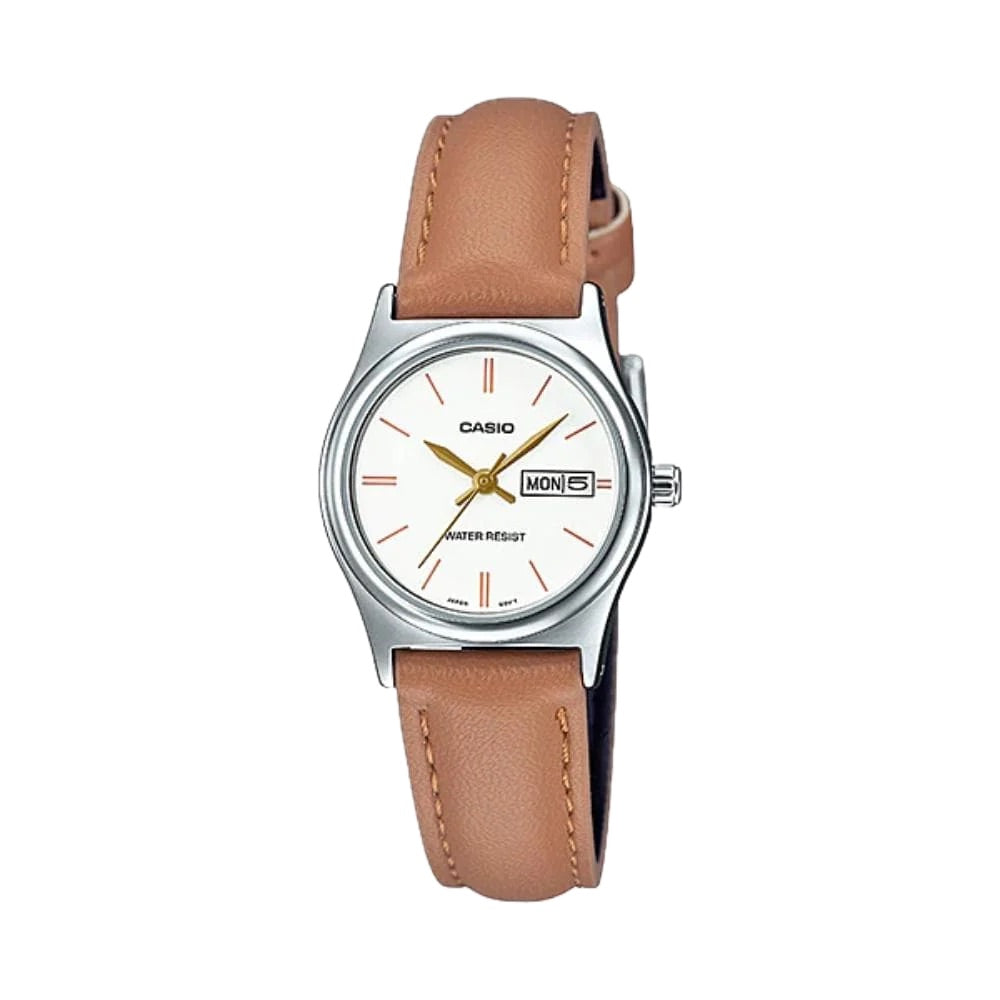 Casio Women's White Dial Brown Leather Strap Watch - LTP-V006L-7B2UDF