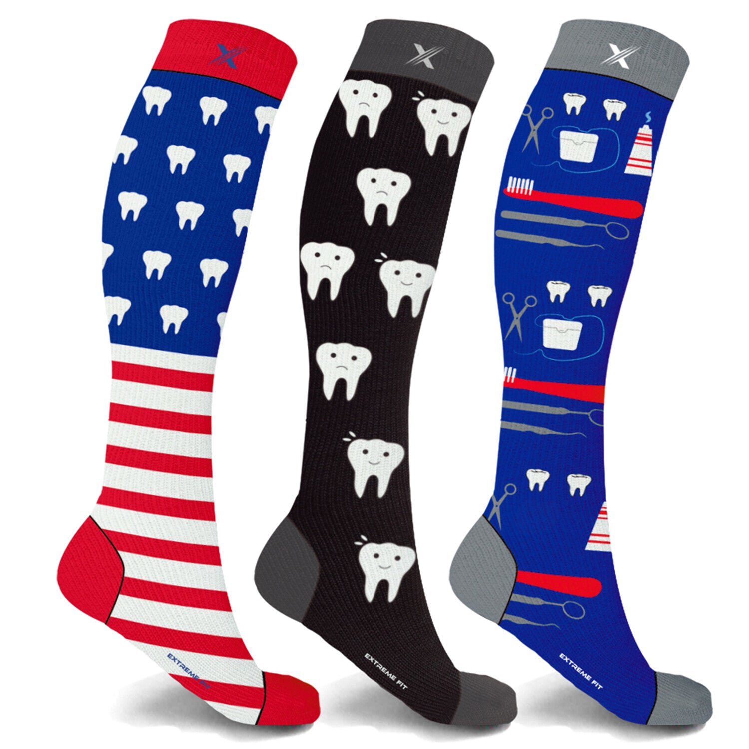 3-Pairs // Everyday Wear Dentist Pritns Knee-High Socks // Multi Pattern