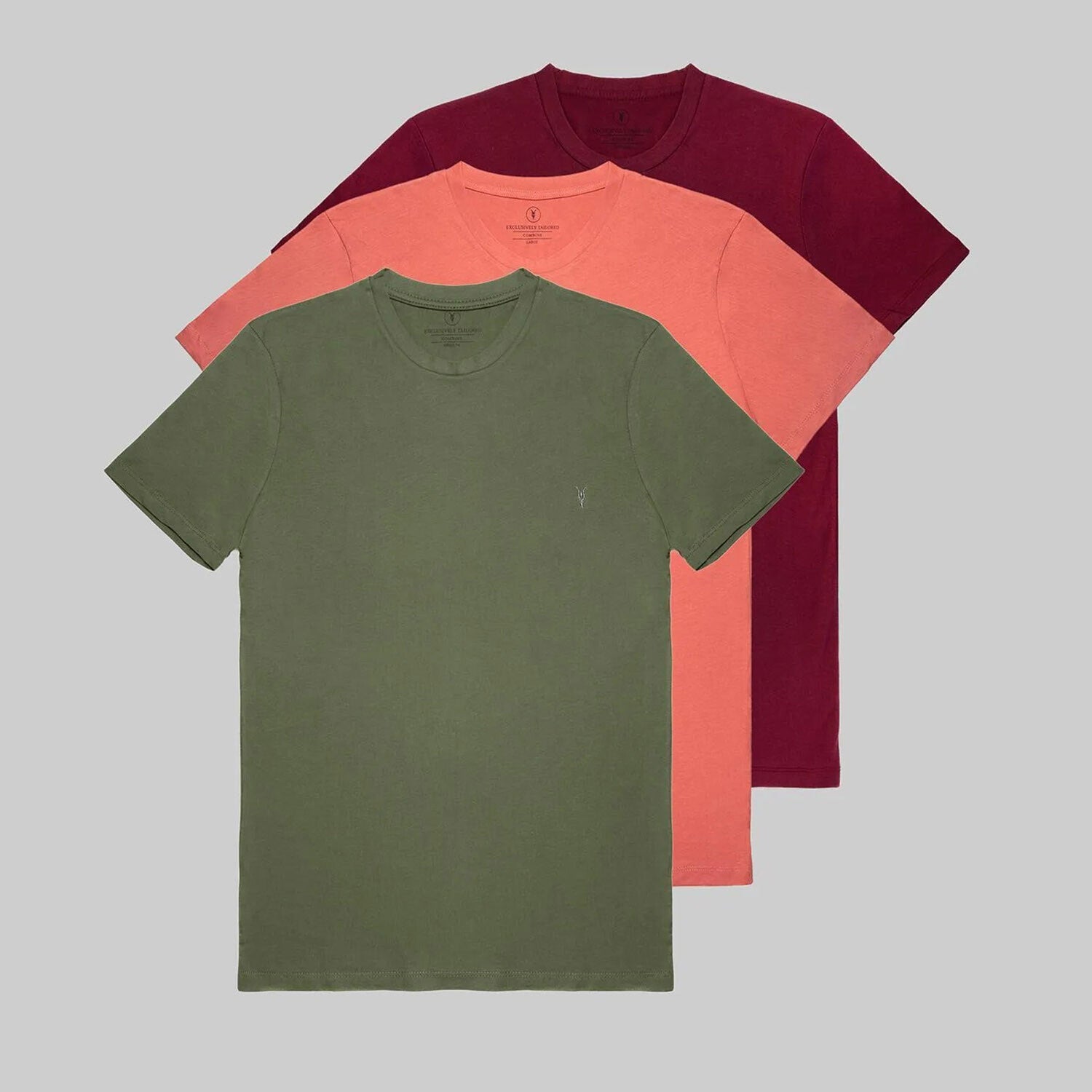 Set of 3 // Crewneck Regular Fit T-Shirts // Burgundy + Salmon + Olive