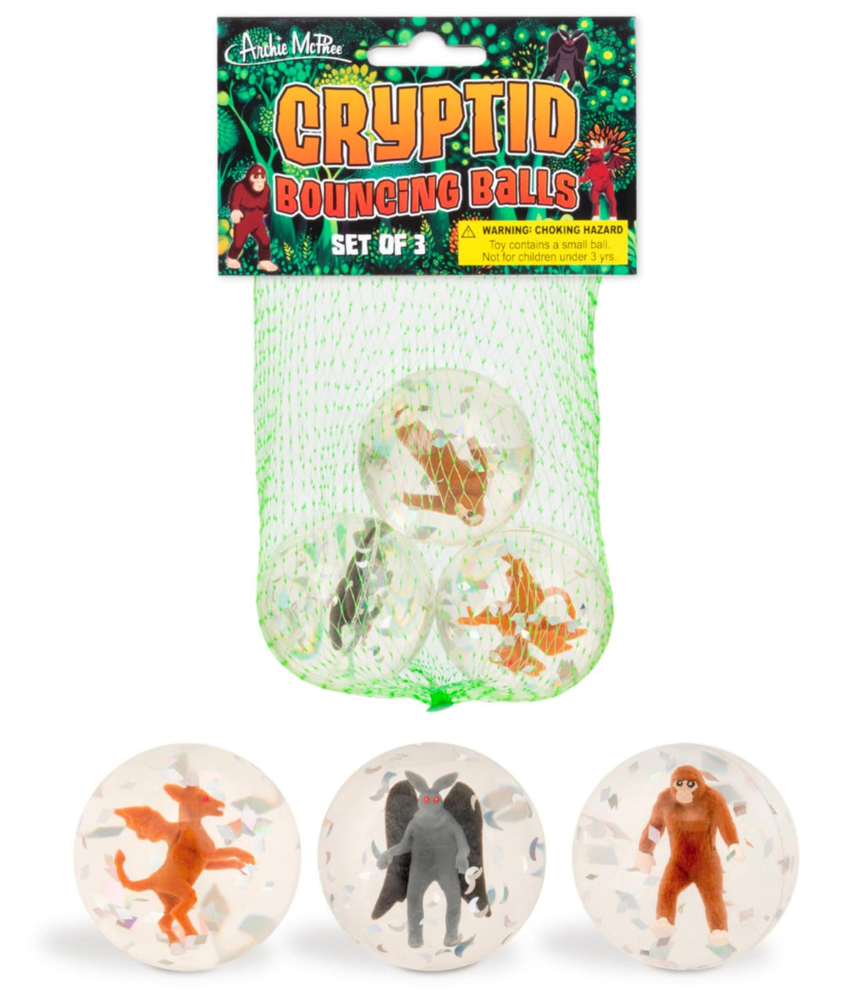 3-pk Cryptid Rubber Bouncing Balls - Bigfoot 🦶 Mothman 👀 & the Jersey Devil 😈