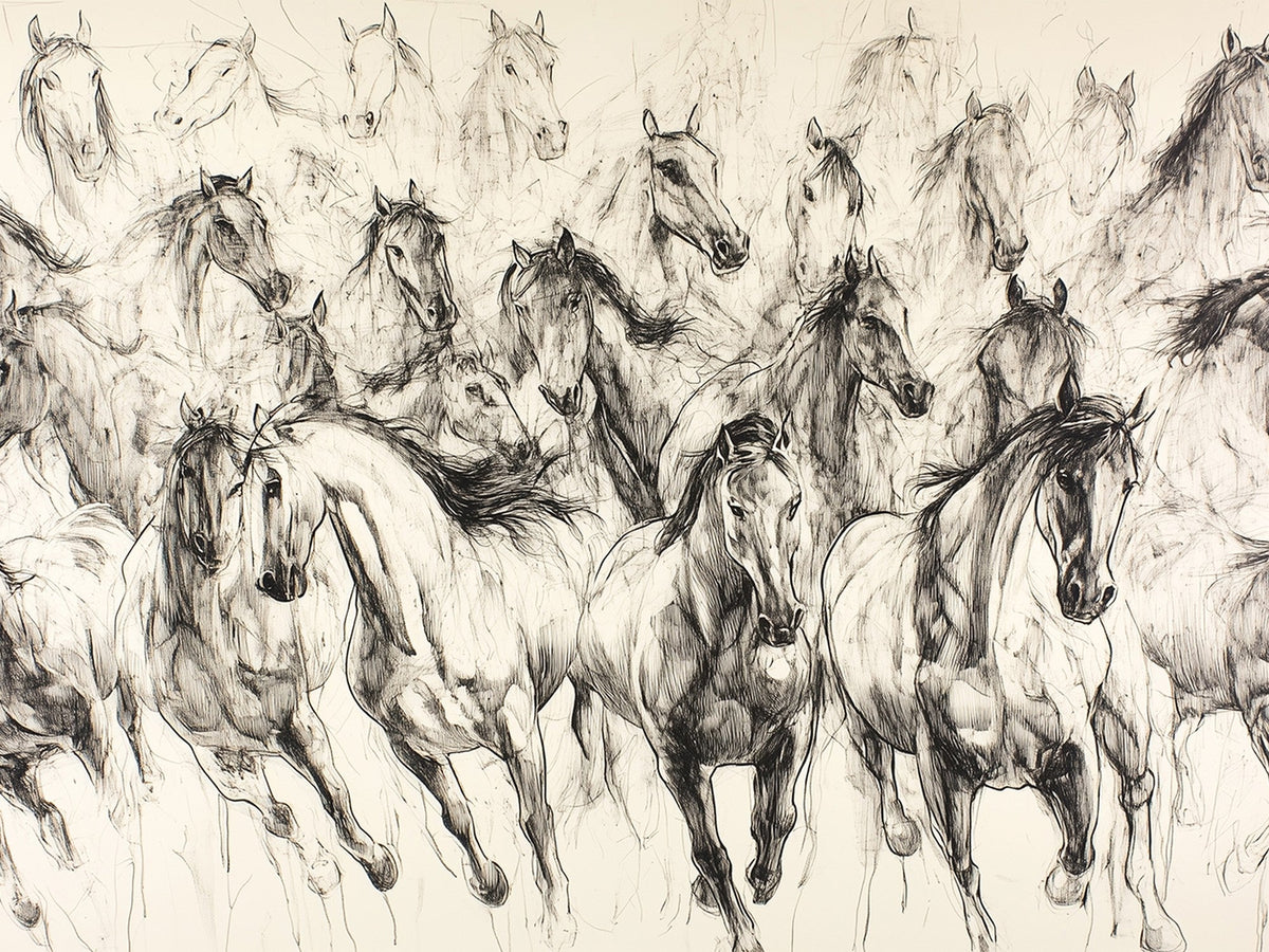 Running Horses Wall Art Canvas Print, Framed Galloping Herd Monochrome Sketch Art