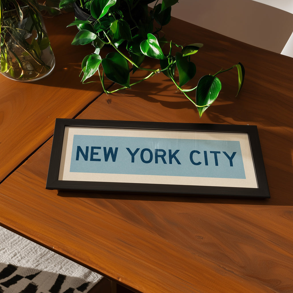 Framed New York City Columbia Blue and Navy Bus Scroll