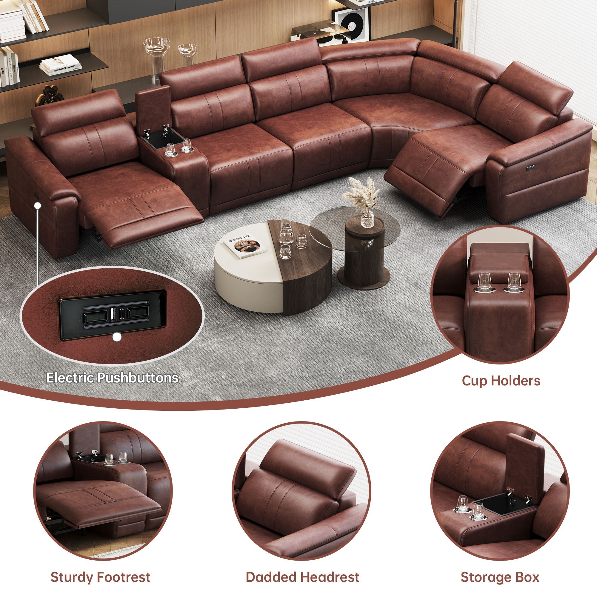 6 Piece Modular Sectional Sofa With 2 Cup Holders, Adjustable Recliners - Dark Brown
