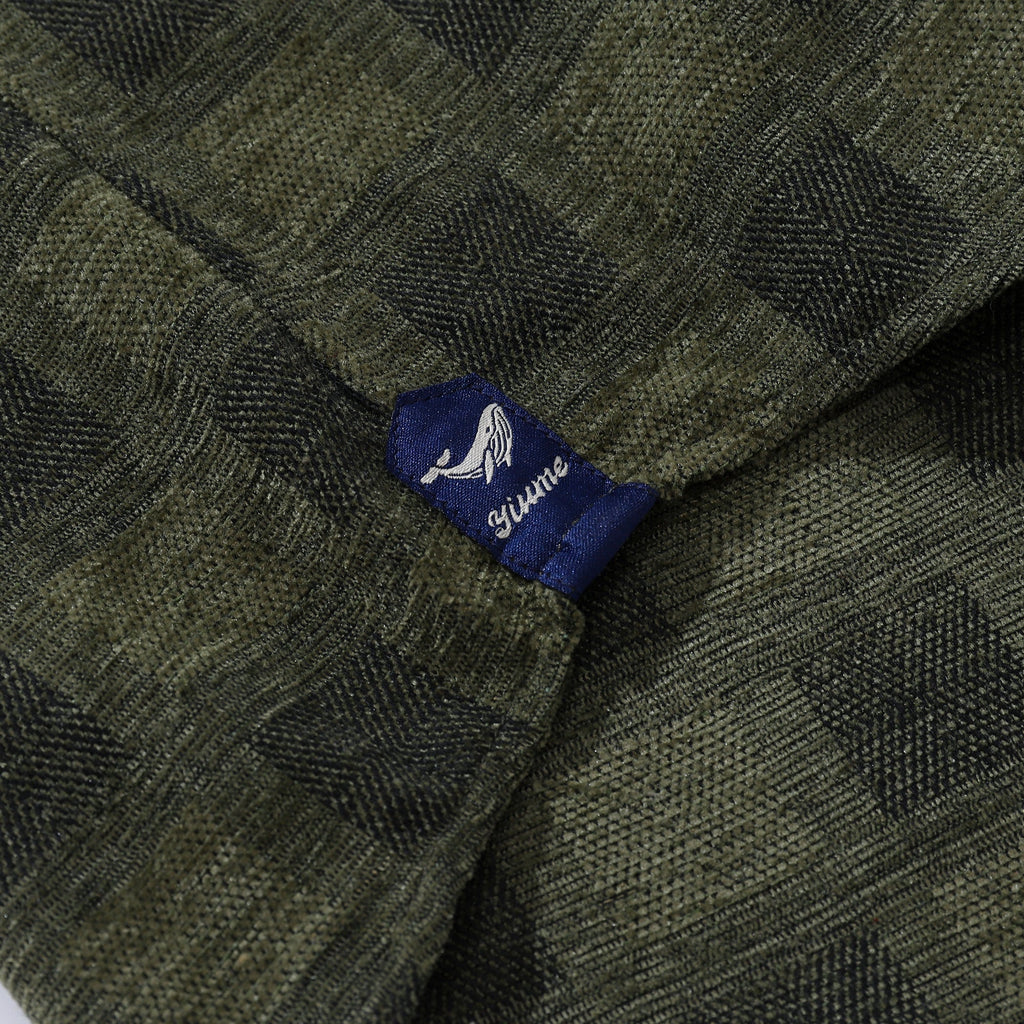 Men's Hawaiian Shirt Cotton Camp Collar Long Sleeve Classic Check Shirt - OLIVE GREEN
