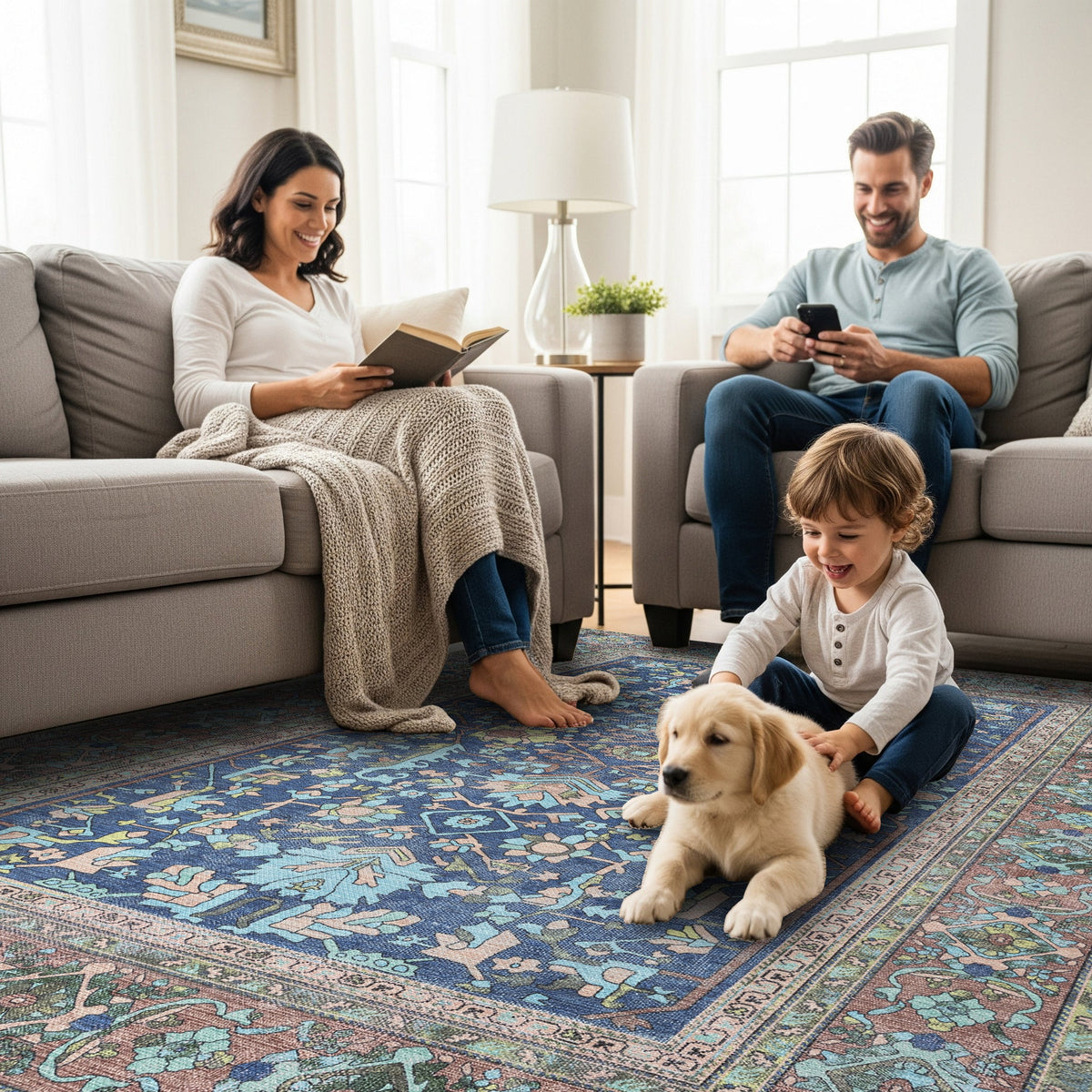 Navy Blue Boho Oushak Washable Rug