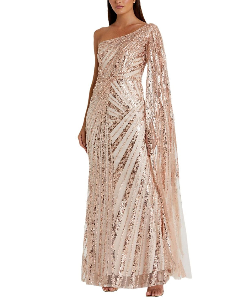 Mac Duggal One Shoulder Cape Sleeve Embellished Gown