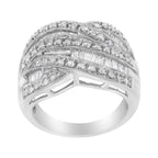 .925 Sterling Silver 1.0 Cttw Channel Set Alternating Round and Baguette Diamond Cross-over Bypass Ring Band (I-J Color, I2-I3 Clarity) - Size 7