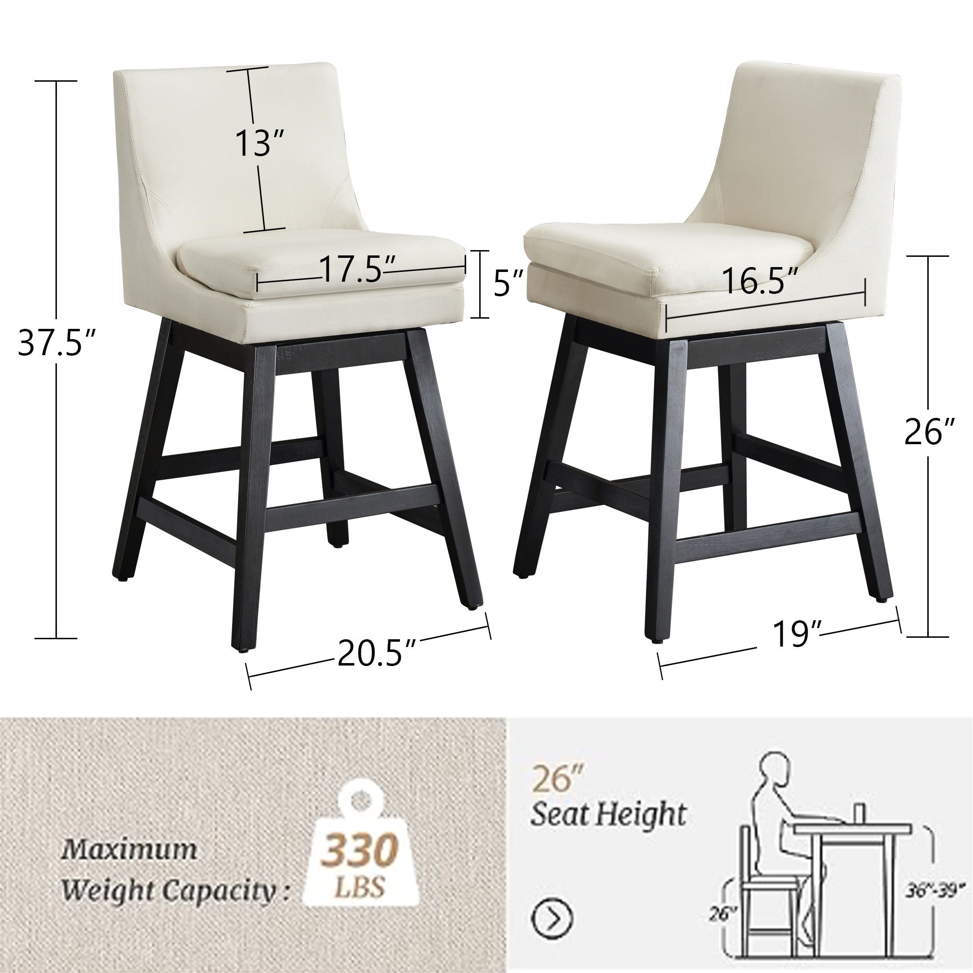 Upholstered Swivel Bar Stools With (Set of 2) - Cream White