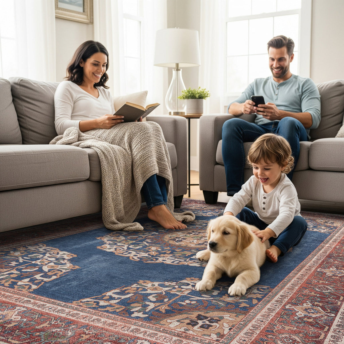 Navy Blue Brick Oushak Area Washable Rug