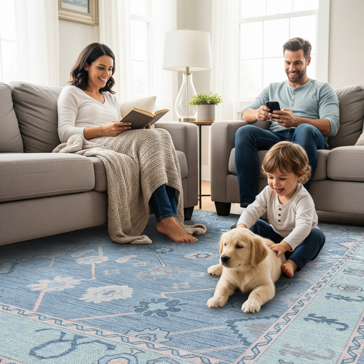 Teal Blue Oushak Area Washable Rug
