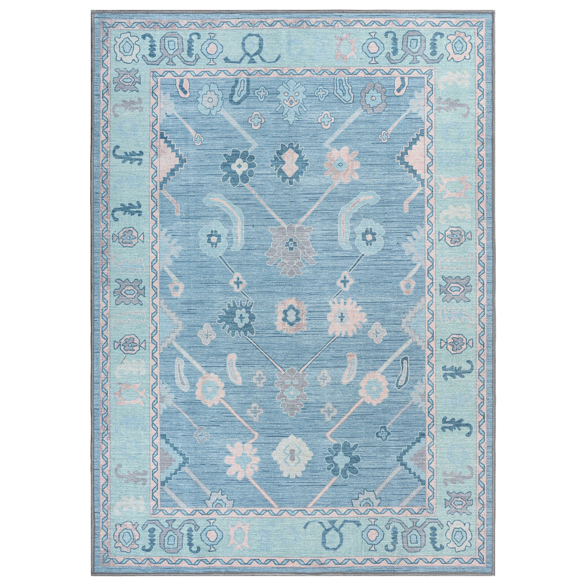 Teal Blue Oushak Area Washable Rug