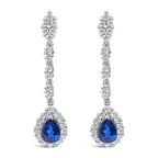 18K White Gold 1 3/5 Cttw Diamond and 7X5 MM Pear Shaped Blue Sapphire 1 1/3 Inch Drop and Dangle Halo Earrings (G-H Color, VS1-VS2 Clarity)