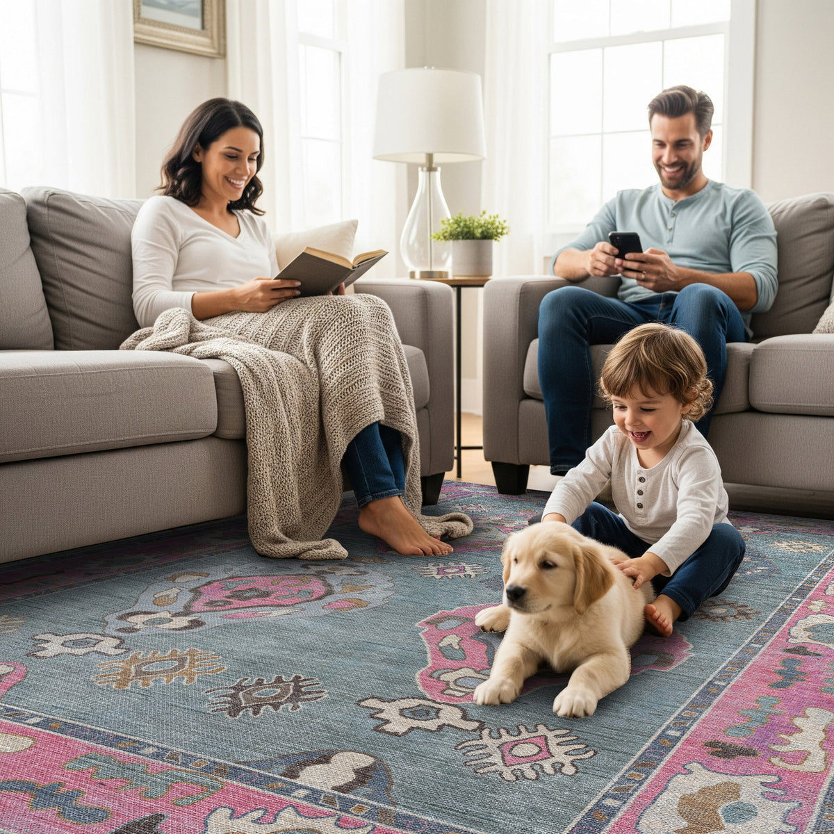 Green Pink Oushak Washable Rug