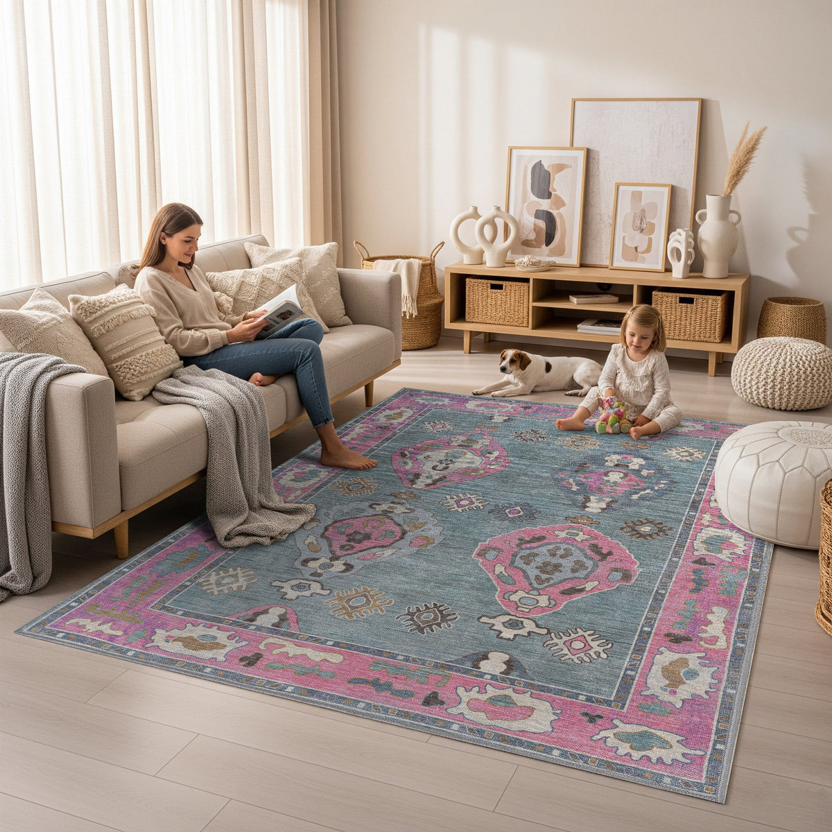 Green Pink Oushak Washable Rug