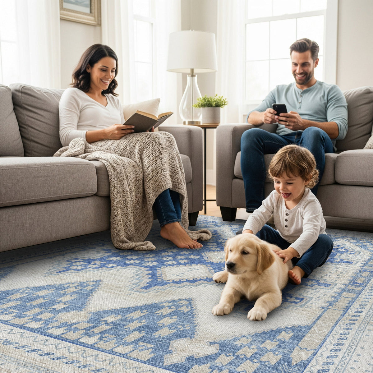 Beige Blue Boho Oushak Washable Rug