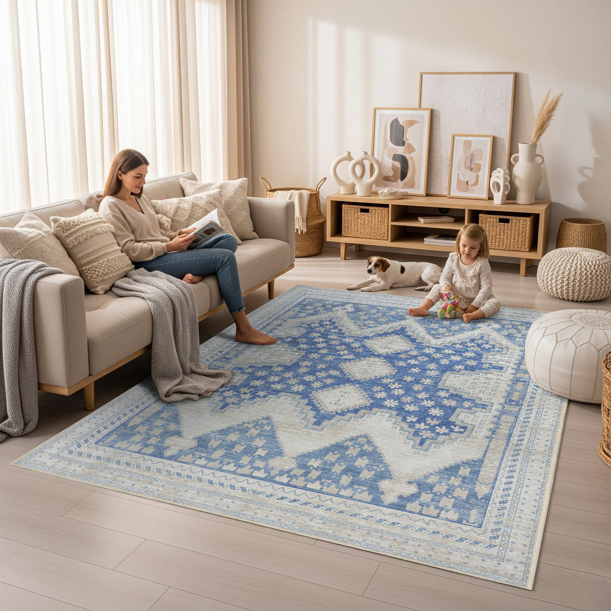 Beige Blue Boho Oushak Washable Rug
