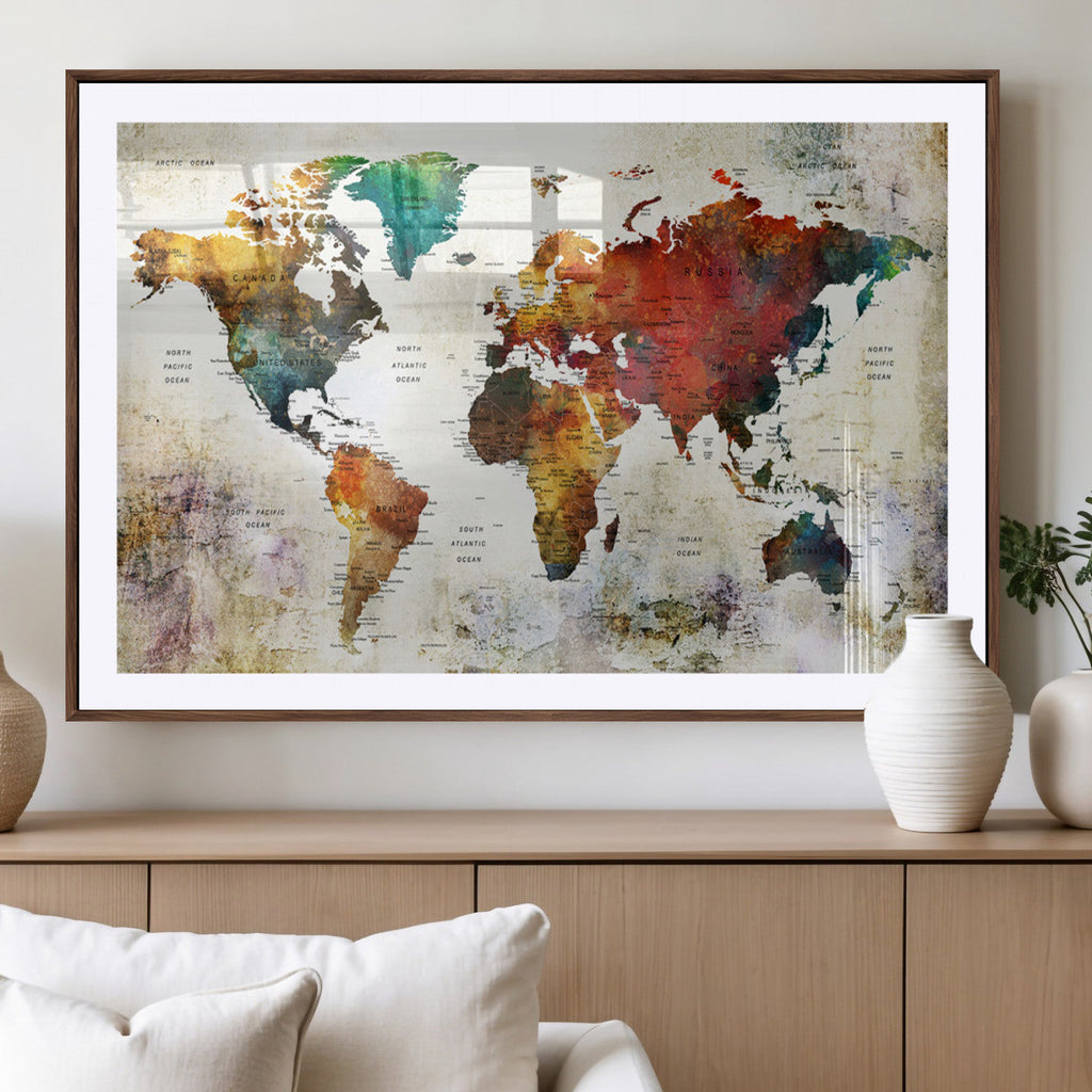 Watercolor World Map Canvas Print | Framed Travel Map Wall Art for Couples