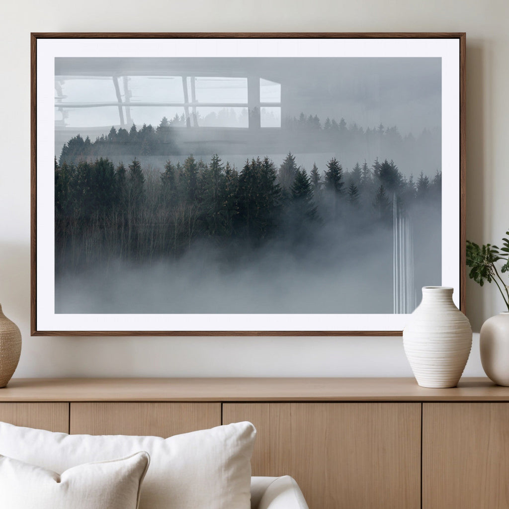 Autumn and Misty Trees in the Forest Wall Art Canvas Print, Foggy Forest Mountain Wall Art